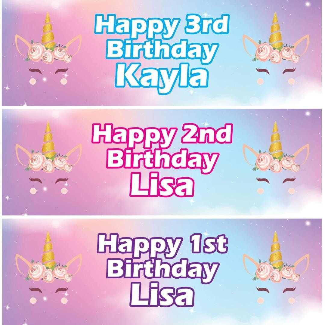 2x Personalised Unicorn Birthday Banners For Kids Fairy-tale Customisable Posters For Girls With Any Name And Age Fun Party Wall Decoration