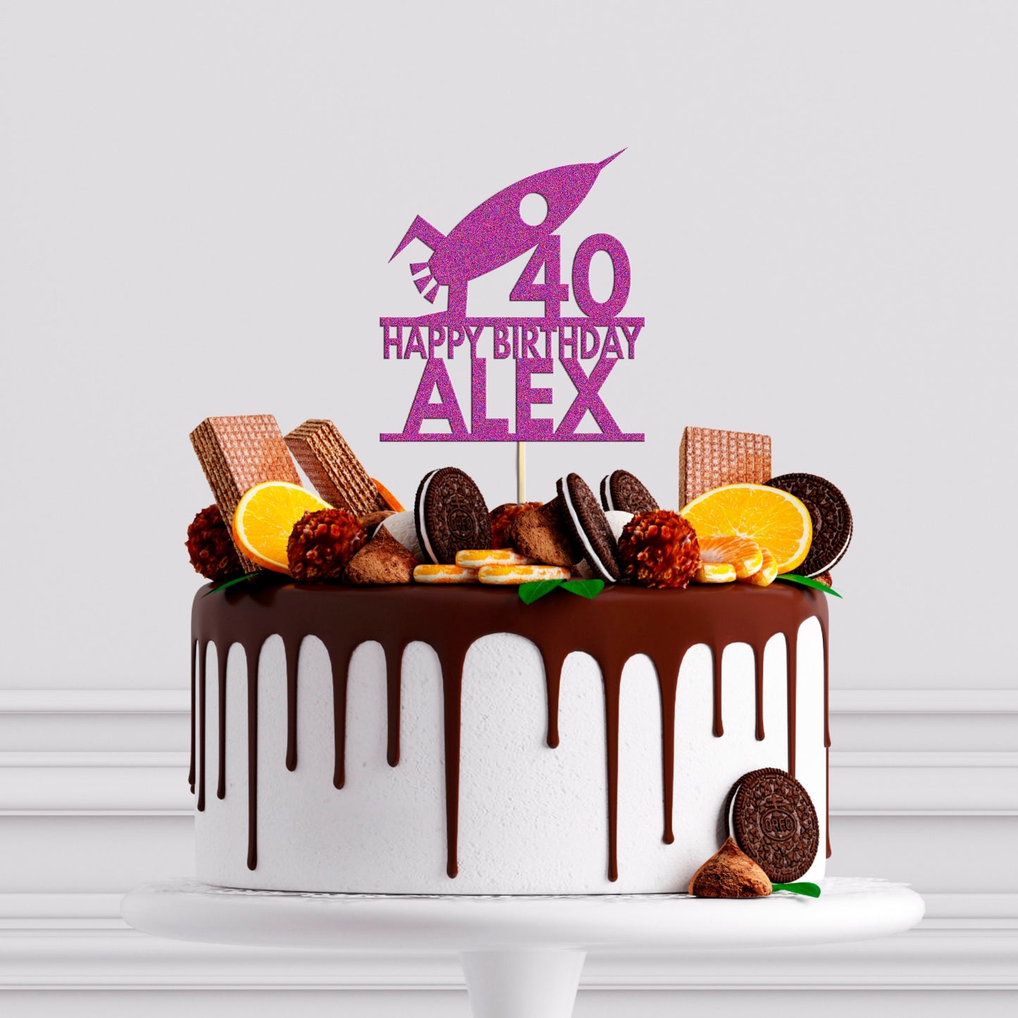a birthday cake with a cake topper that says 40 happy birthday alex