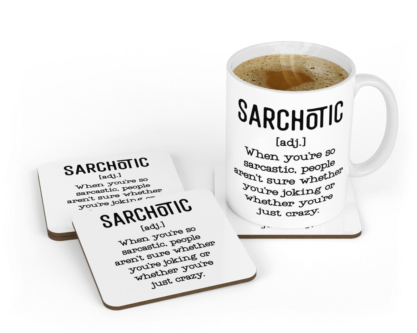 Funny "Sarchotic" Definition Novelty Mug Coaster Gift Set Sarcasm Sarcastic Coffee Cup For Office Workplace Gift