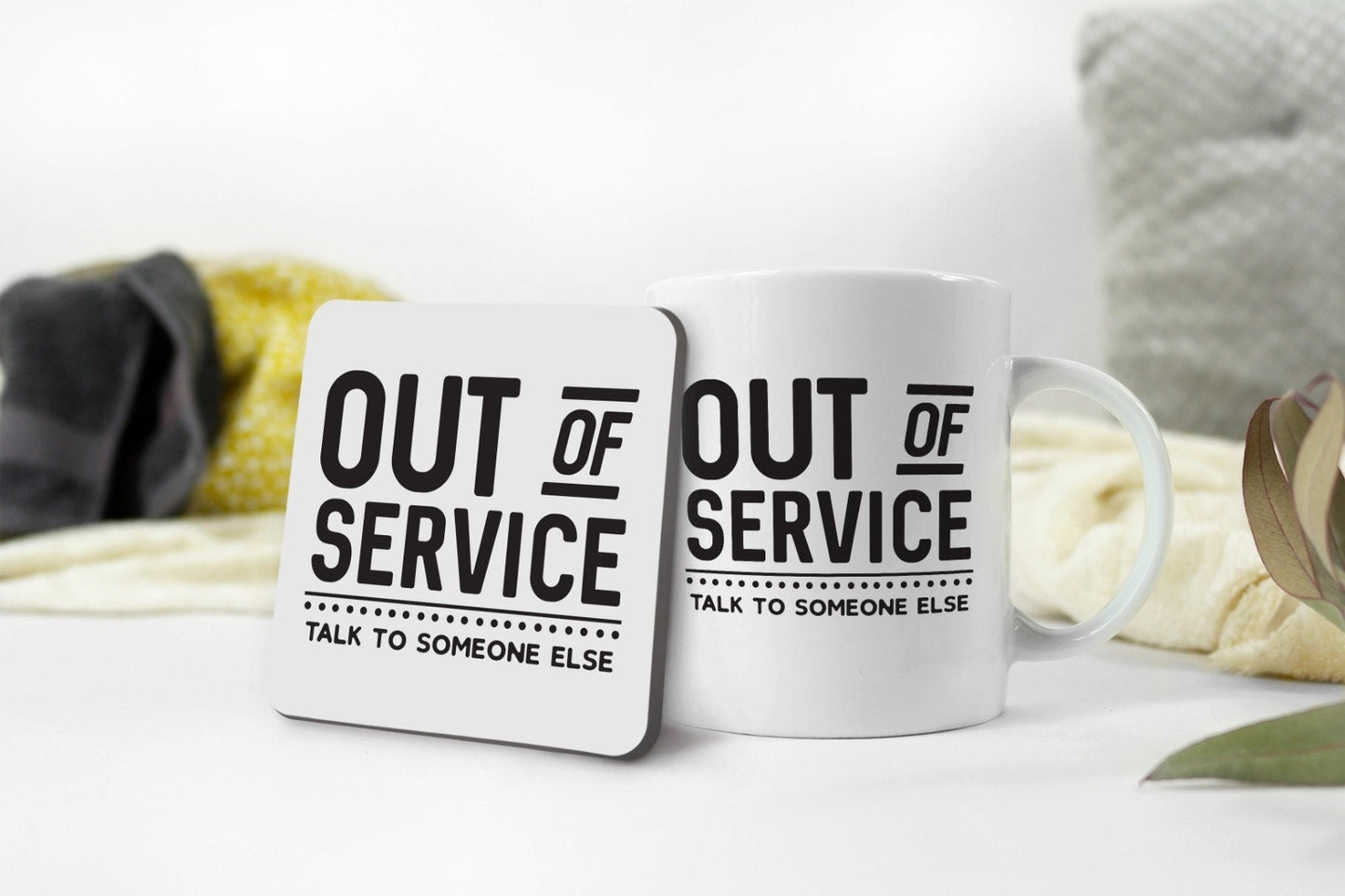 Funny Office Mug Coaster Set "Out Of Service Talk To Someone Else"  Novelty IT Reception Handyman Repair Coffee Tea Cup Office Gift