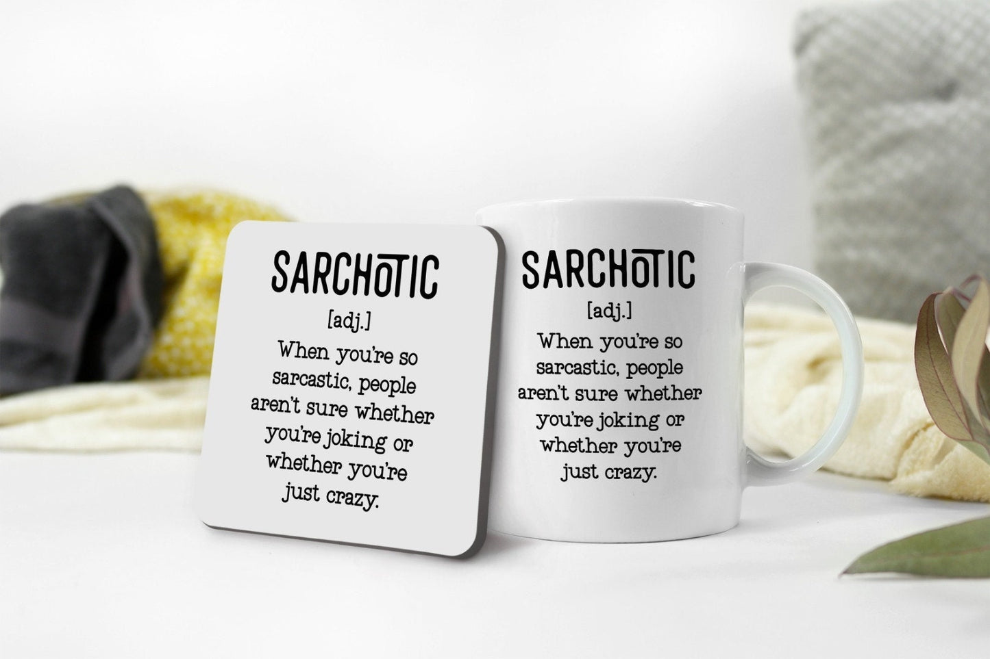 Funny "Sarchotic" Definition Novelty Mug Coaster Gift Set Sarcasm Sarcastic Coffee Cup For Office Workplace Gift
