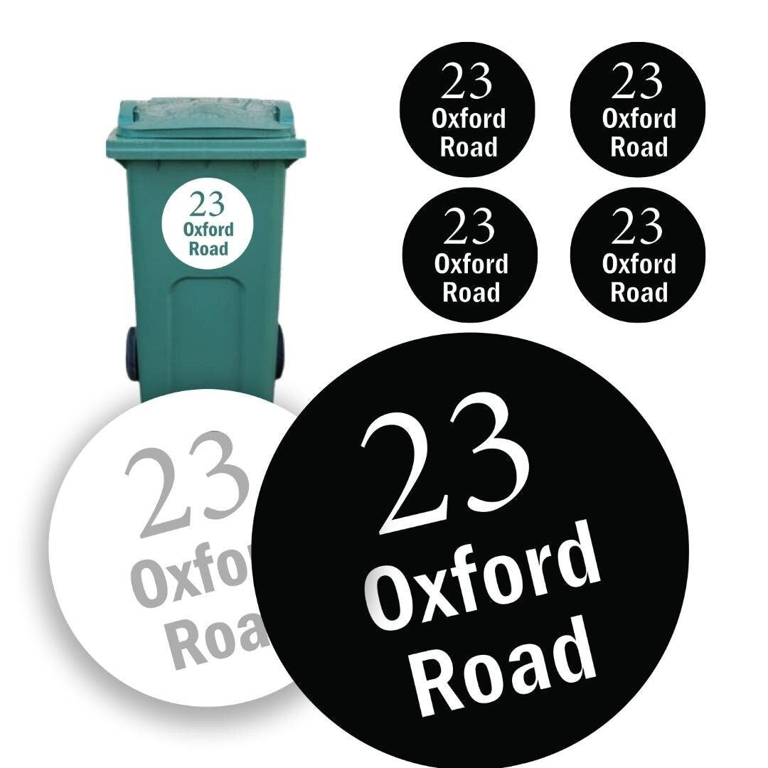 Personalised Round Wheelie Bin Sticker Custom House Street Name Address Number Circle Waterproof Vinyl Stickers