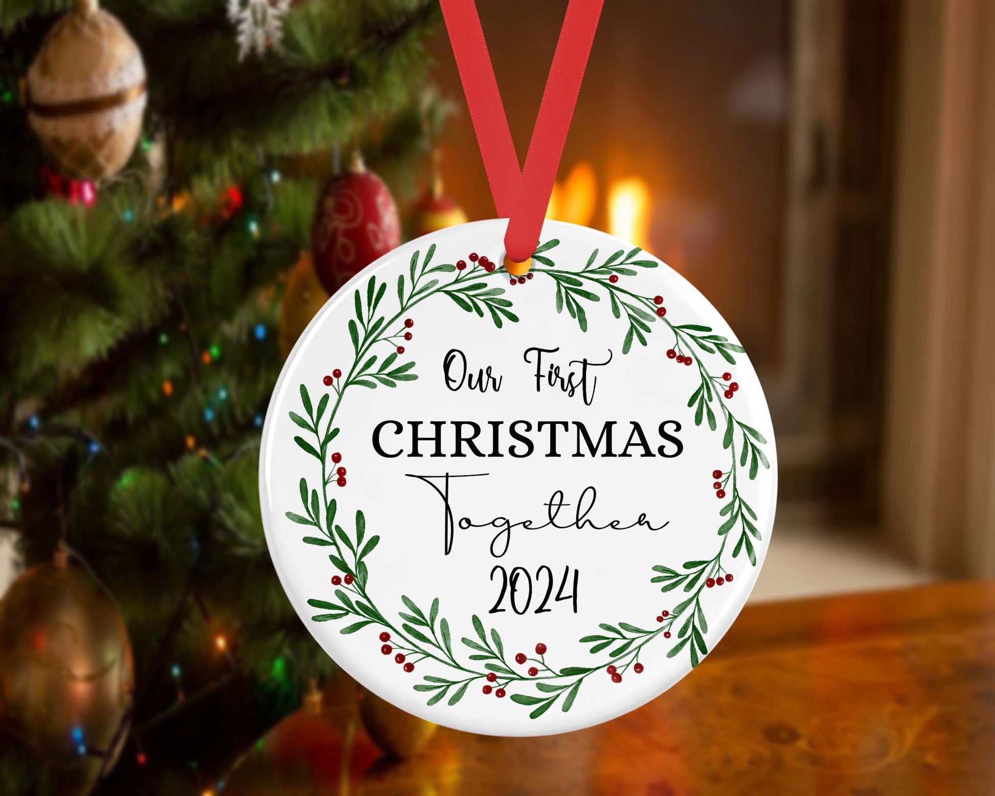 a christmas ornament hanging from a christmas tree