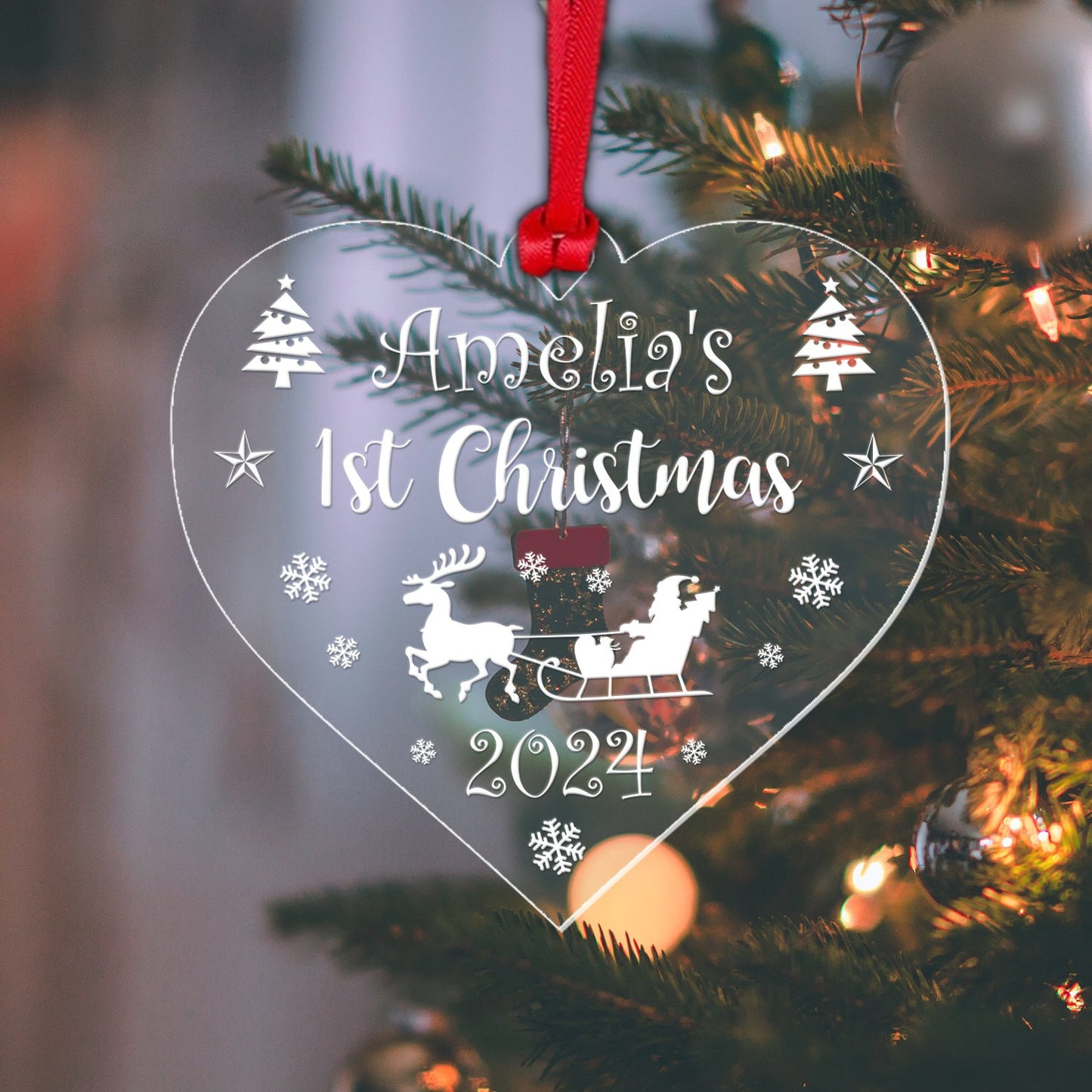 a christmas ornament hanging from a christmas tree