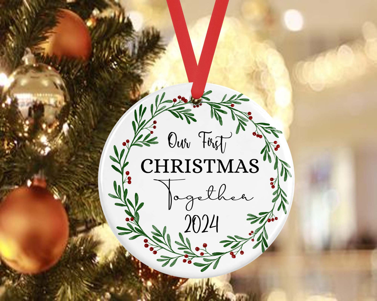 a christmas ornament hanging from a christmas tree